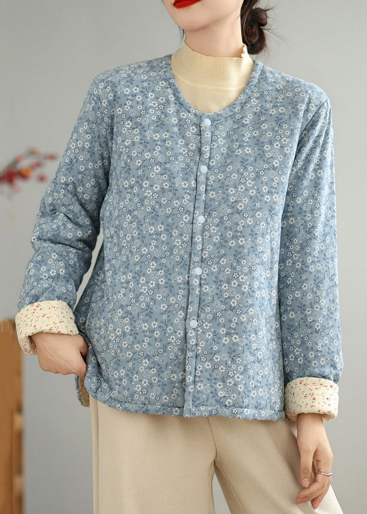 Blue Print Button Cotton Filled Winter Coat O Neck