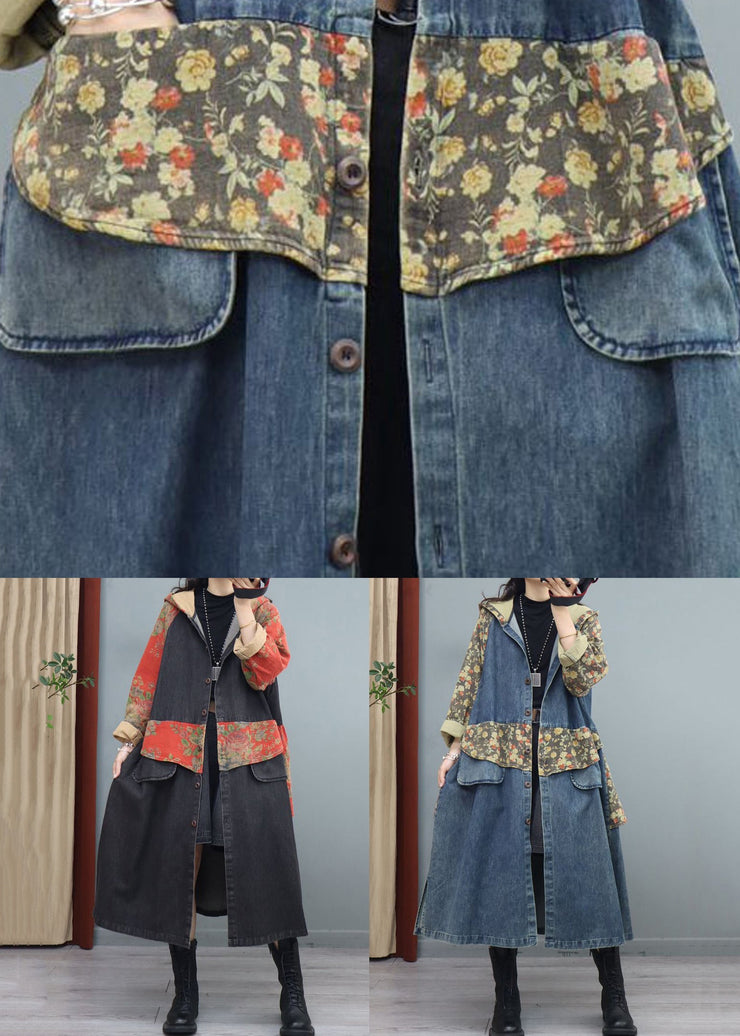 Blue Print Button Patchwork Denim Coat Asymmetrical Long Sleeve