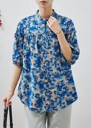 Blue Print Chiffon Blouse Top Ruffled Summer