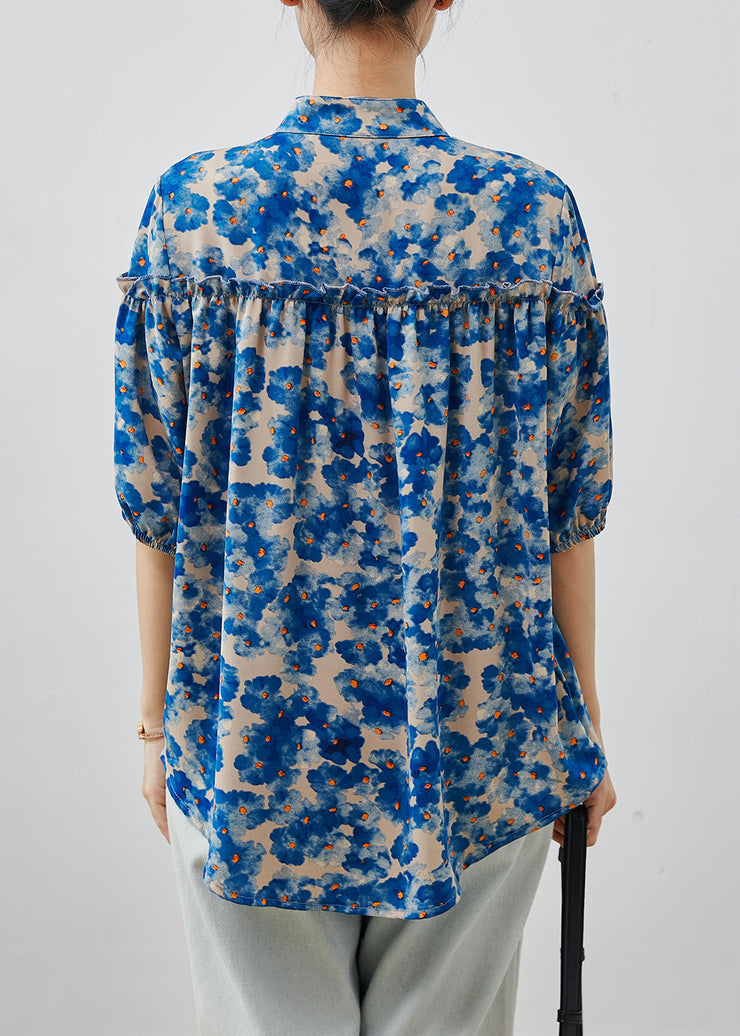 Blue Print Chiffon Blouse Top Ruffled Summer