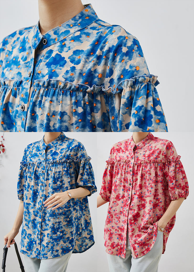 Blue Print Chiffon Blouse Top Ruffled Summer