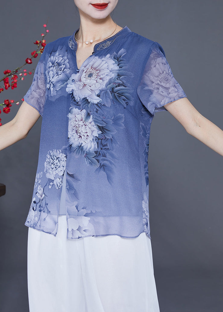 Blue Print Chiffon Blouse Tops V Neck Side Open Summer