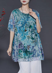 Blue Print Chiffon Blouses O-Neck Oversized Summer