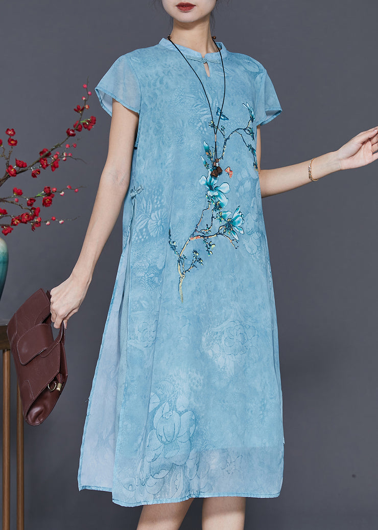 Blue Print Chiffon Cheongsam Dress Chinese Style Summer