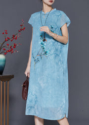 Blue Print Chiffon Cheongsam Dress Chinese Style Summer