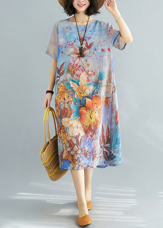 Blue Print Chiffon Holiday Maxi Dress Short Sleeve