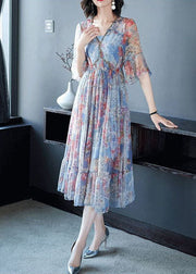 Blue Print Chiffon Long Dresses Cinched Exra Large Hem Summer