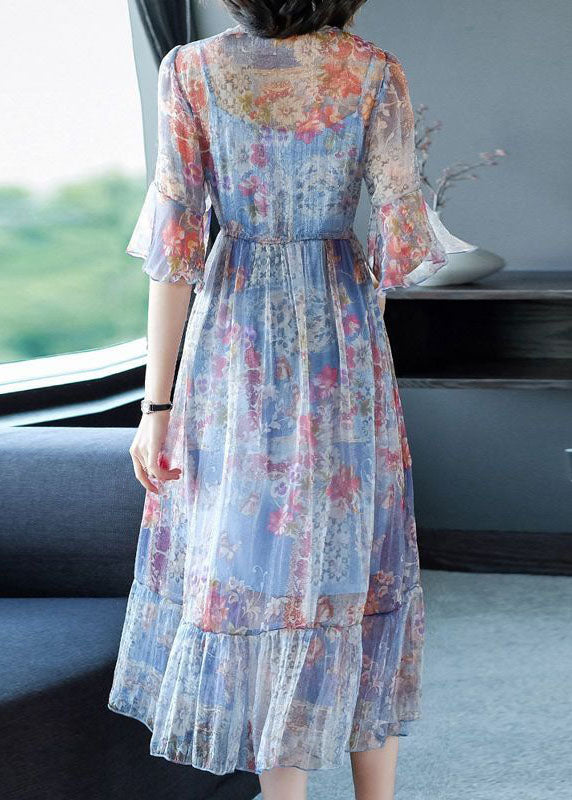 Blue Print Chiffon Long Dresses Cinched Exra Large Hem Summer