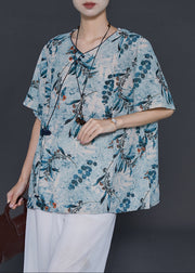 Blue Print Chiffon Tops Chinese Button Summer