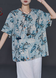 Blue Print Chiffon Tops Chinese Button Summer