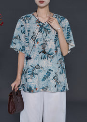 Blue Print Chiffon Tops Chinese Button Summer