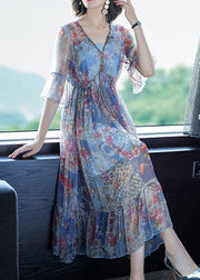 Blue Print Chiffon Vacation Dresses Cinched Exra Large Hem Summer