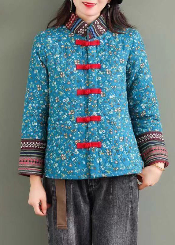 Blue Print Chinese Button Thick Fine Cotton Filled Retro Jackets Winter