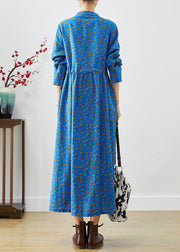 Blue Print Cotton Dress Cinched Chinese Button Fall