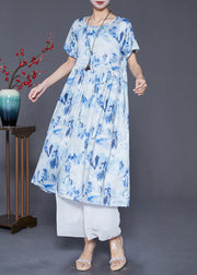 Blue Print Cotton Holiday Dresses Exra Large Hem Summer