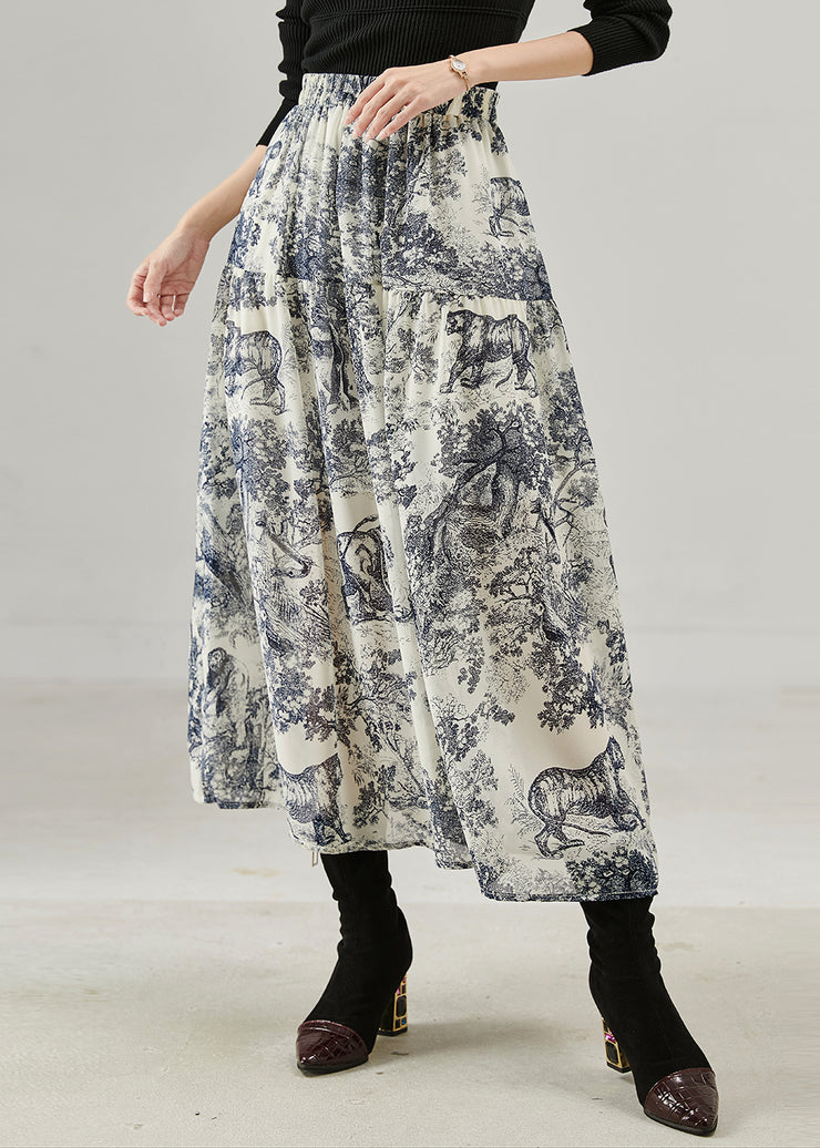 Blue Print Cotton Skirts Elastic Waist Spring