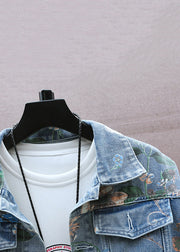 Blue Print Denim Men Coat Peter Pan Collar Spring