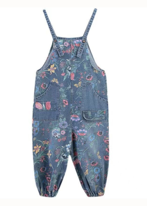 Blue Print Denim Spaghetti Strap Jumpsuits Pockets Spring