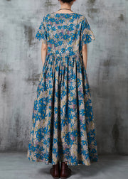 Blue Print Linen Vacation Dresses Cinched Summer