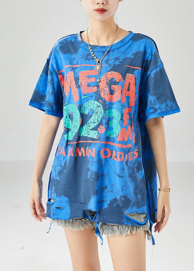 Blue Print Loose Cotton Ripped Tanks Tie Dye Summer