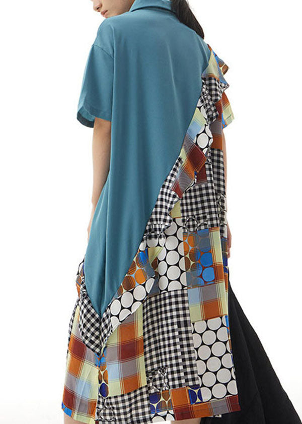 Blue Print Patchwork Chiffon Shirts Dress Ruffled Summer