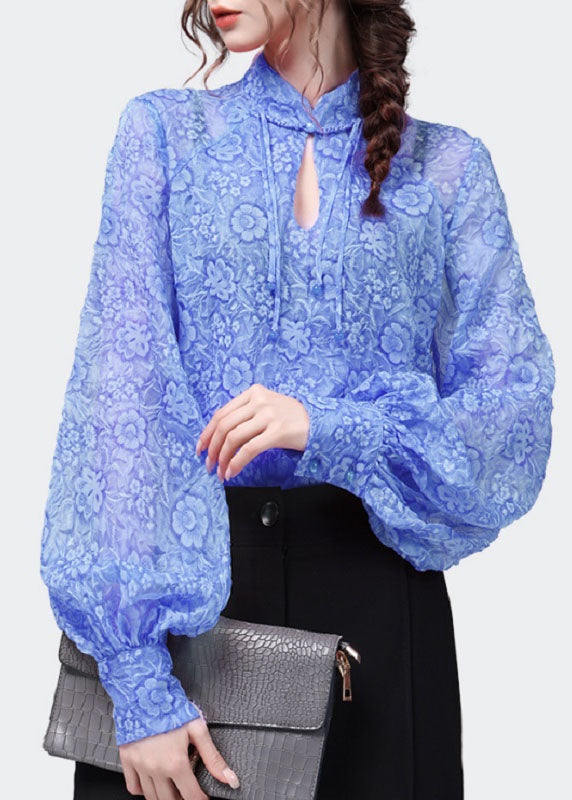 Blue Print Patchwork Chiffon Top Stand Collar Lantern Sleeve