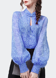 Blue Print Patchwork Chiffon Top Stand Collar Lantern Sleeve