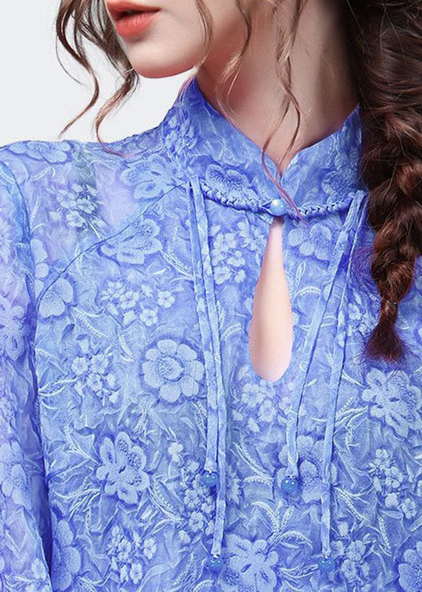 Blue Print Patchwork Chiffon Top Stand Collar Lantern Sleeve