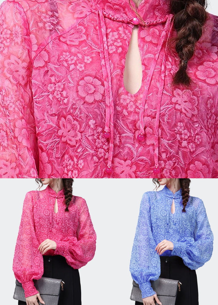 Blue Print Patchwork Chiffon Top Stand Collar Lantern Sleeve