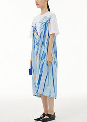 Blue Print Patchwork Cotton Dress Wrinkled False Two Pieces Summer