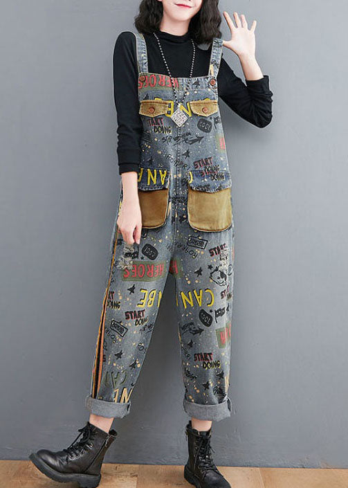 Blue Print Patchwork Denim Spaghetti Strap Jumpsuit Spring