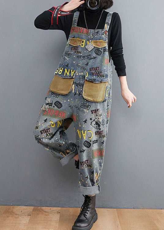 Blue Print Patchwork Denim Spaghetti Strap Jumpsuit Spring