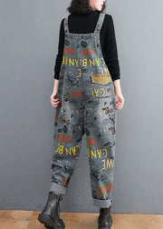 Blue Print Patchwork Denim Spaghetti Strap Jumpsuit Spring