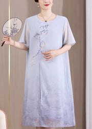 Blue Print Patchwork Dresses Front Open Short Sleeve