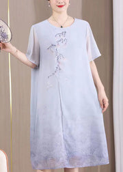 Blue Print Patchwork Dresses Front Open Short Sleeve