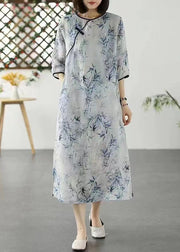 Blue Print Patchwork Linen Dress O Neck Chinese Button Summer