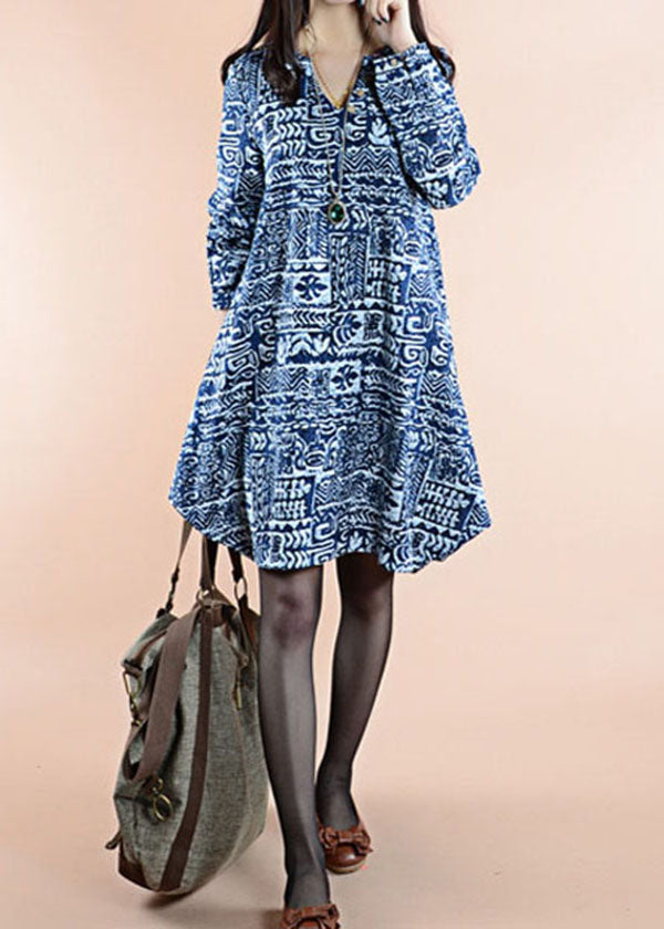 Blue Print Patchwork Linen Dress V Neck Asymmetrical Spring