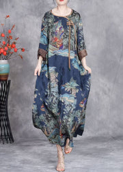 Blue Print Patchwork Silk Long Dresses O Neck Summer