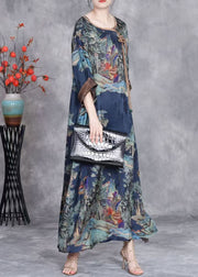 Blue Print Patchwork Silk Long Dresses O Neck Summer