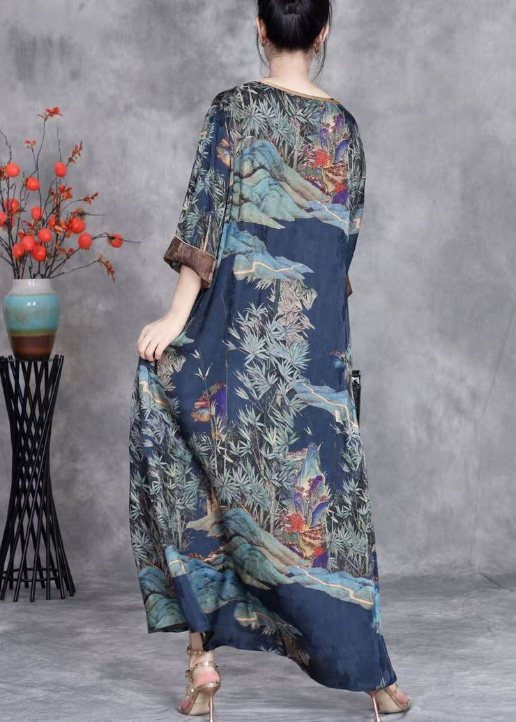 Blue Print Patchwork Silk Long Dresses O Neck Summer