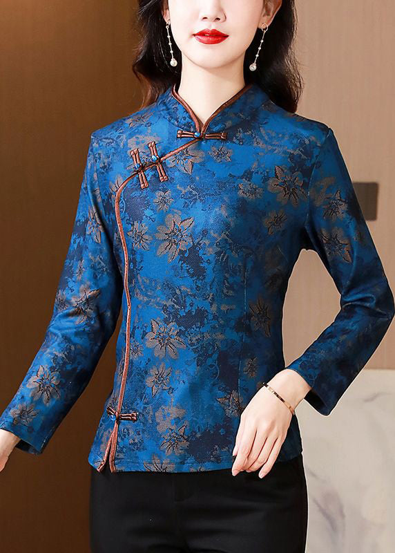 Blue Print Patchwork Silk Warm Fleece Tops Stand Collar Spring