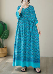 Blue Print Plus Size Cotton Long Dress O Neck Summer