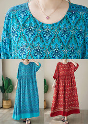 Blue Print Plus Size Cotton Long Dress O Neck Summer