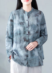 Blue Print Pockets Linen Blouses Stand Collar Spring