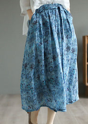 Blue Print Pockets Patchwork Linen Skirt Wrinkled Tie Waist Summer