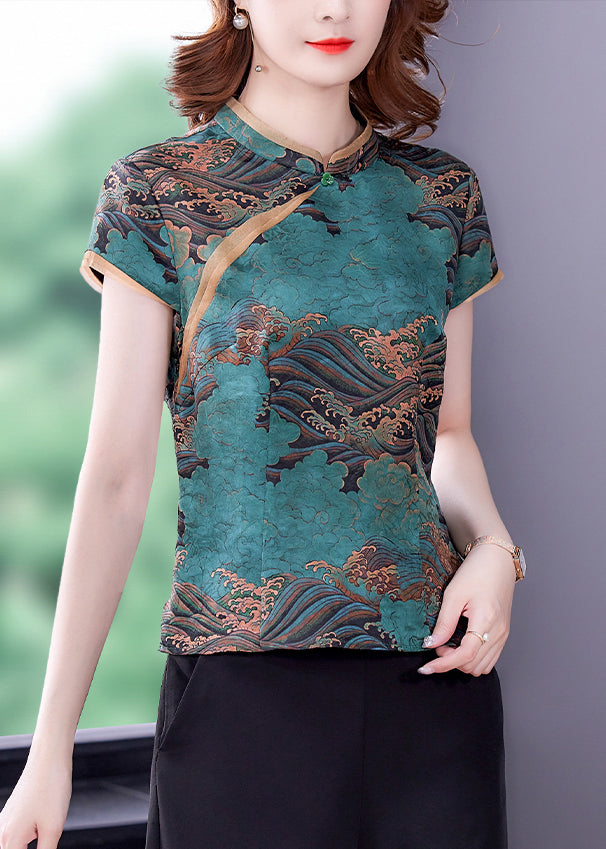 Blue Print Silk Blouse Top Mandarin Collar Slim Fit Summer