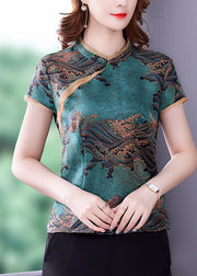 Blue Print Silk Blouse Top Mandarin Collar Slim Fit Summer