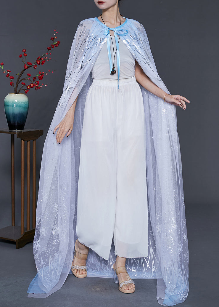 Blue Print Silk Holiday Cloak Oversized Lace Up Summer