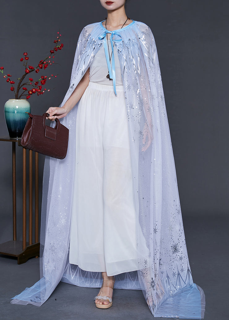 Blue Print Silk Holiday Cloak Oversized Lace Up Summer
