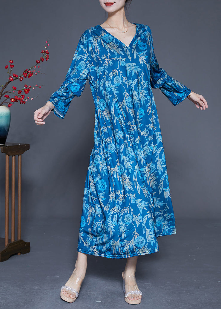 Blue Print Silk Holiday Dresses V Neck Oversized Spring